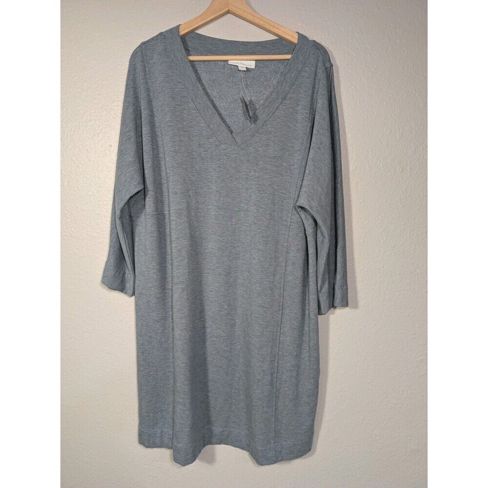 J Jill Pure SZ L Tranquility Fleece V Neck‎ 3/4 Sleeve Dress Tunic Blue Gray 134